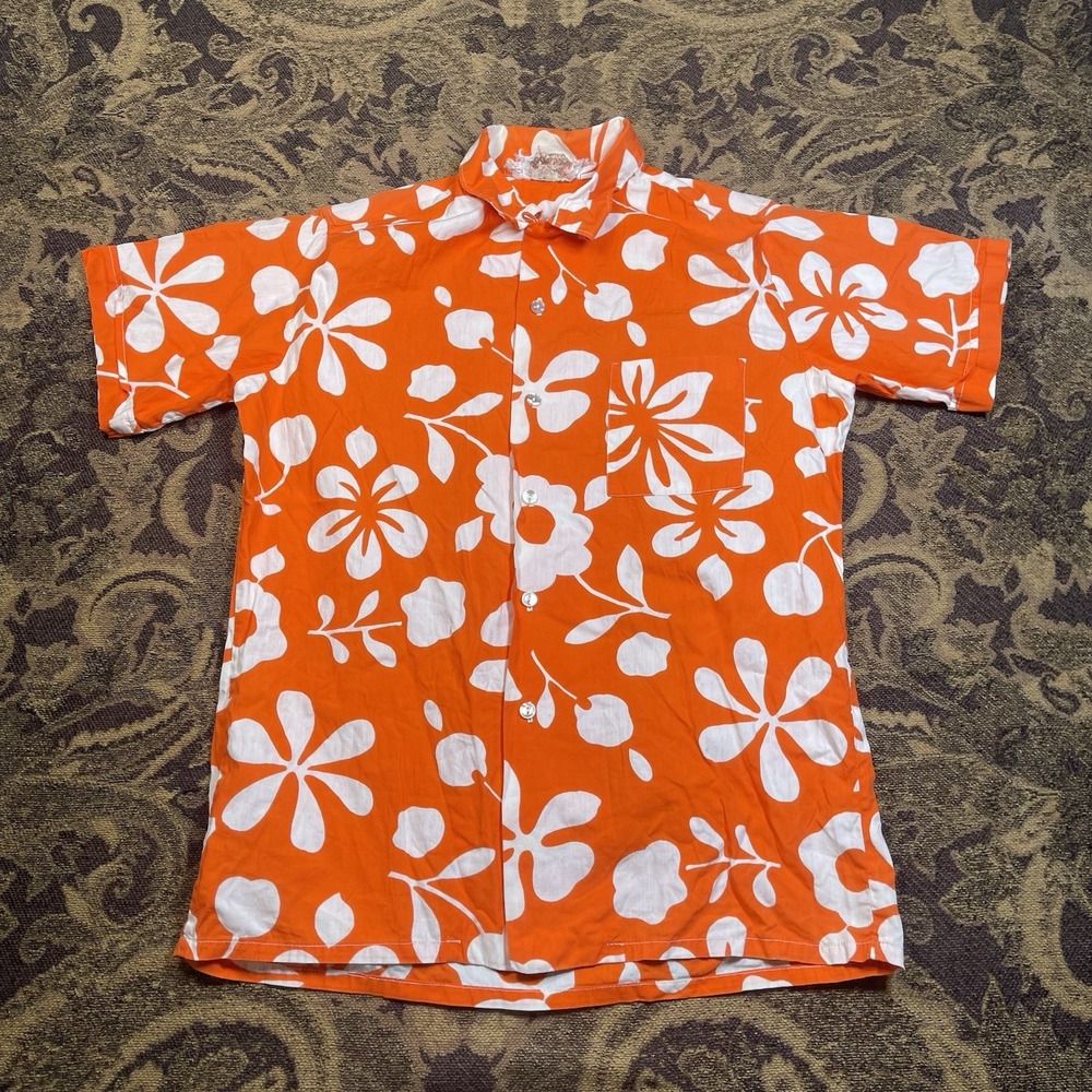 Vtg 60s Go Barefoot In Paradise Orange Hawaiian Button Shirt Mens Size Medium